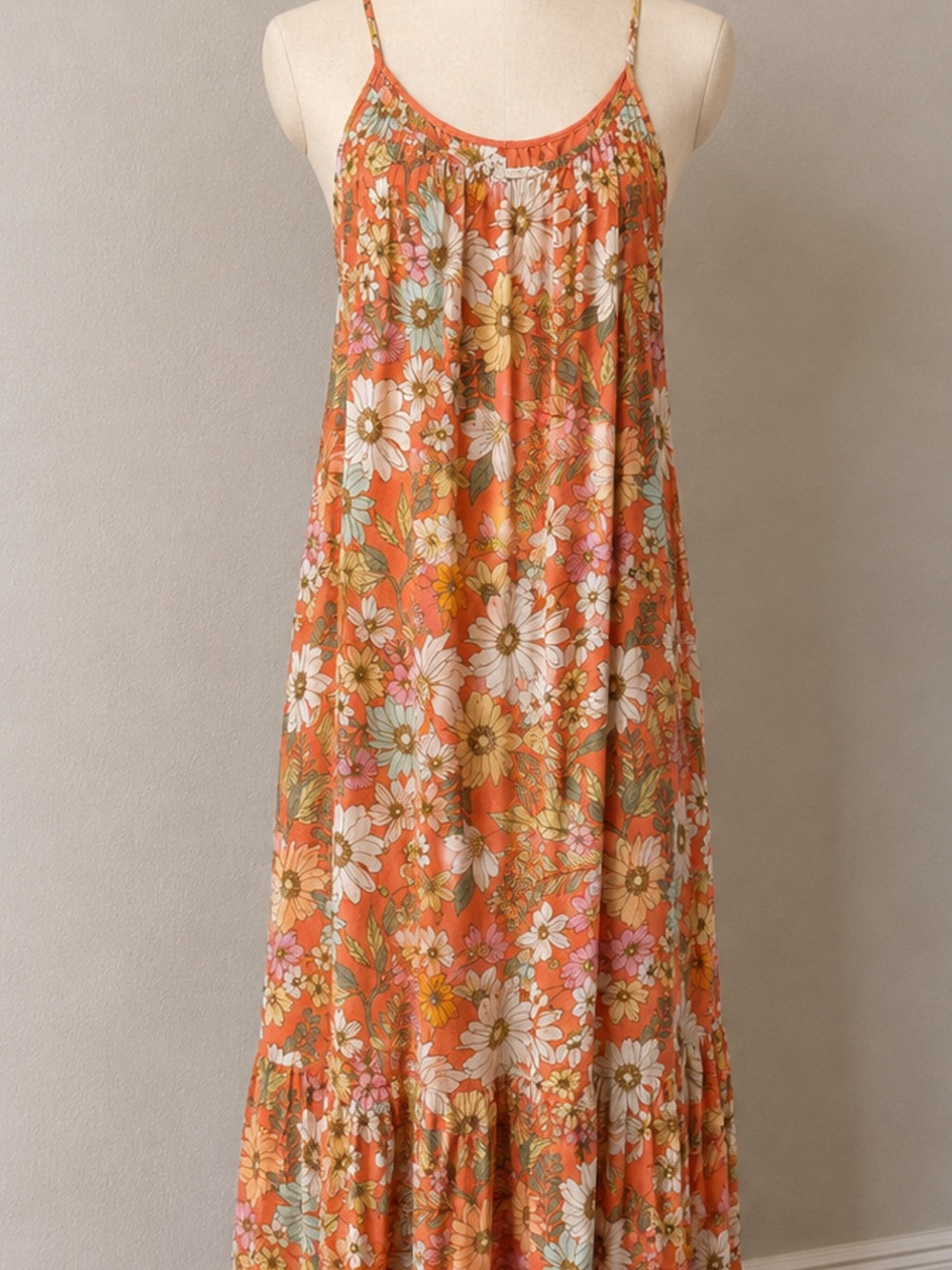 Floral Orange Spaghetti-Strap Maxi Dress
